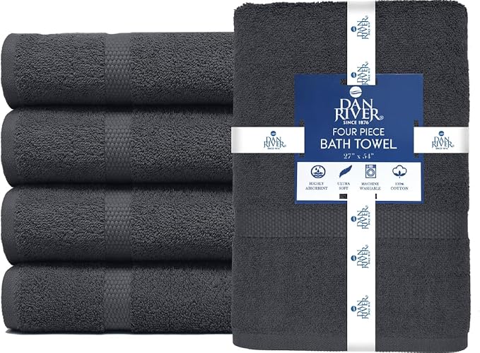 DAN RIVER Bath Towels Set of 4, 27 x 54 Inches, 100% Cotton, Larger & Lighter Weight, Quicker to Dry, Super Soft and Absorbent, Ideal Cotton Bath Towels for Daily Use, Dark Gray