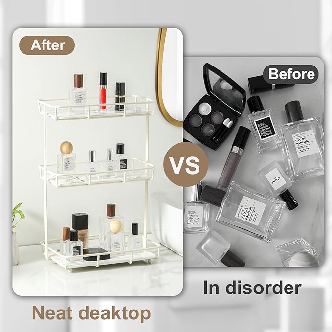 Bathroom Organizer Countertop Perfume Organizer Makeup Organizer Cosmetics Storage Display Rack Vanity Tray Dresser Stainless Steel Gold Shelf White Marble Ceramic Tray