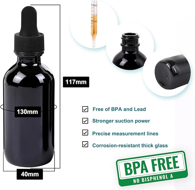 2oz Glass Dropper Bottle,Preety Texture Tincture Bottles with Precise Scales Eye Droppe,for All Kinds Of Mixed Liquids,Leak-Proof Design for Easy Travel (Black-24Pack)