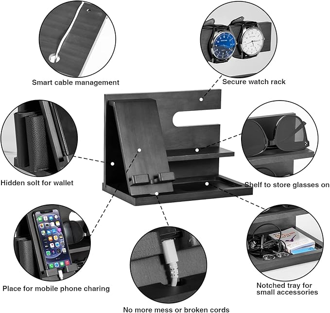 Wood Phone Docking Station - Gifts for Men Desk or Nightstand Organizer - Birthday Gifts for Husband, Fathers Day for Dad - Anniversary Idea from Wife - Key Holder, Stand Wallet, Watch & Essentials