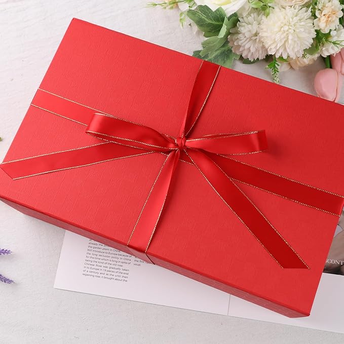VGOODALL Red Magnetic Gift Box, 14x8.7x4.3inches Gift Box with Lid, Ribbon, Card, Envelope & Stickers for Multiple Occasions