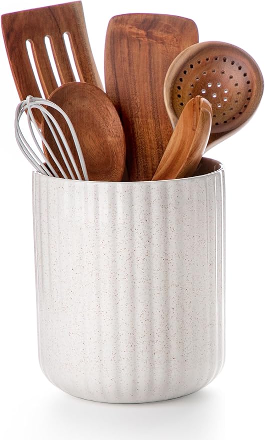 Nucookery Ceramic Utensil Holder for Countertop, 7.2" Large Cooking Utensil Crocks for Kitchen Counter, Farmhouse Kitchen Decor (Sand)