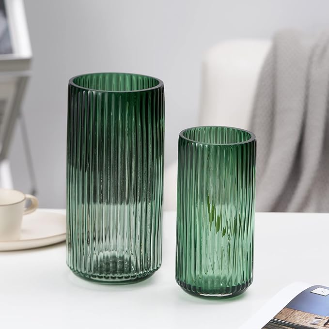 Flower Vase 9.7 inch Green Thickened Hand Blow Glass Vase Round Vintage Striped Bottles for Bookshelf,Dinner Table,Indoor Office Desktop,Meeting Room,Bathroom,Countertop,Home