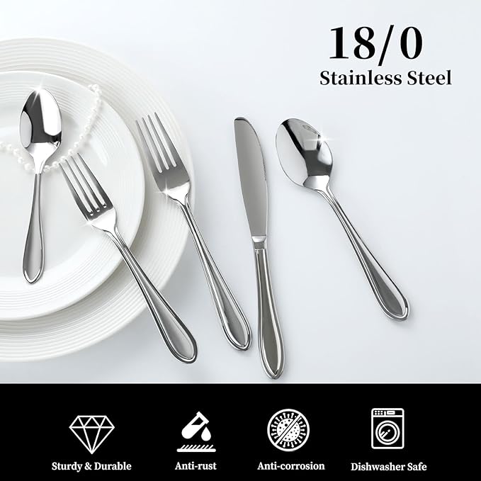 Silverware Set, 60-Piece Stainless Steel Flatware, 18/0 Stainless Steel Utensils, Dishwasher Safe, Modern Tableware for Home & Kitchen Dining