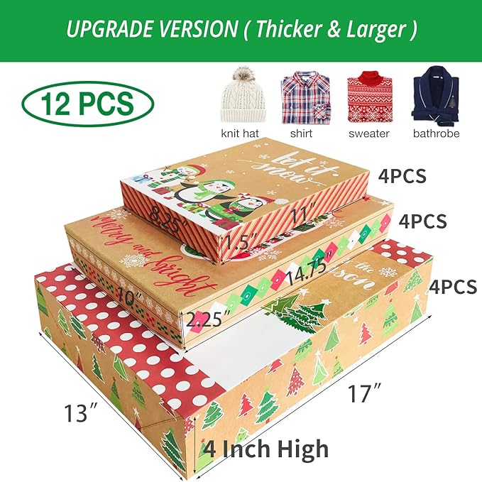 12 Kraft Christmas Gift Boxes with Lids for wrapping Large Clothes and 80 Foil Christmas Gift Stickers (Assorted size for wrapping Robes, Sweater, Coat, Shirts and Clothes xmas Holiday Present)