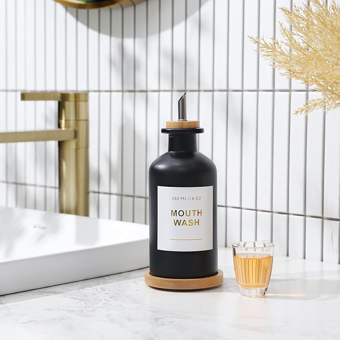 11.8OZ Glass Mouthwash Dispenser for Bathroom with Stainless Steel & Bamboo Nozzle, Mouthwash Cup Reusable, Bamboo Tray, and Elegant Gold Sticker.(Black)