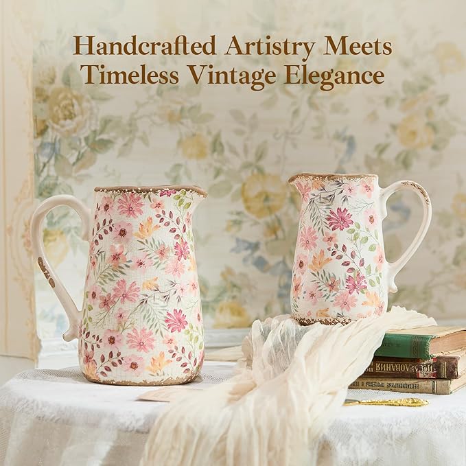 Vintage Colorful Daisy Flora Ceramic Vase with Handle, Retro Ice Glazed Crack Farmhouse Pitcher Vase for Home Decor, Living Room, Shelf, Office, Rustic Table Centerpiece 7 Inch