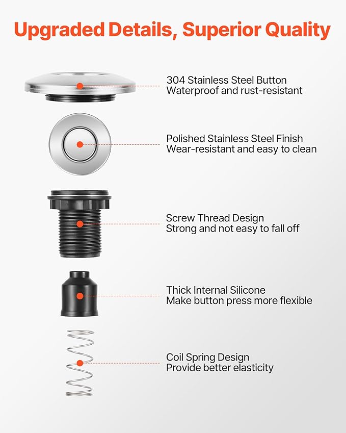 VEVOR Garbage Disposal Air Switch Kit, 2.5" Sink Top Air Switch for Food Waste Disposal, Polished Stainless Steel ON/OFF Air Push Button for Waste Disposer - Suitable for Stainless Steel Countertops