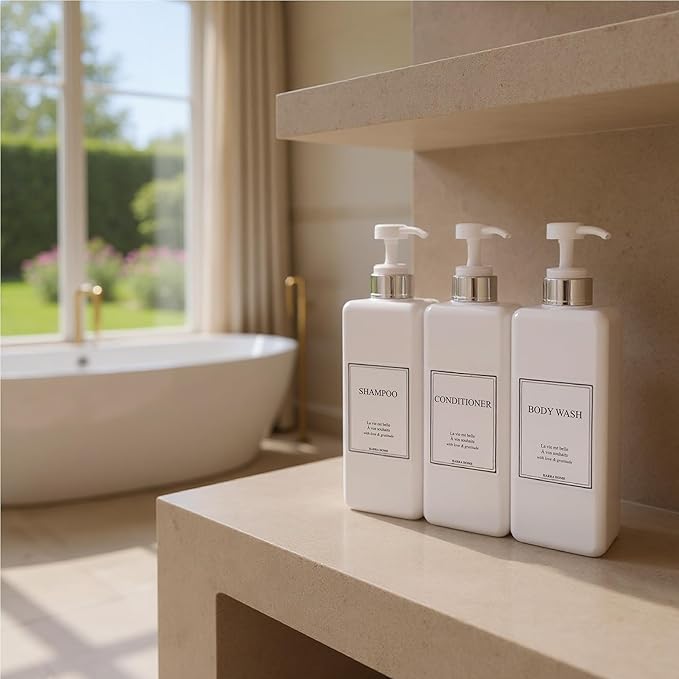 Modern Design Large 27 oz Shampoo and Conditioner Dispensers - Empty Plastic Refillable Pump Bottle Set for Bathroom Shower Soap Dispenser, Gift Box Included, Set of 3, (White & Silver)