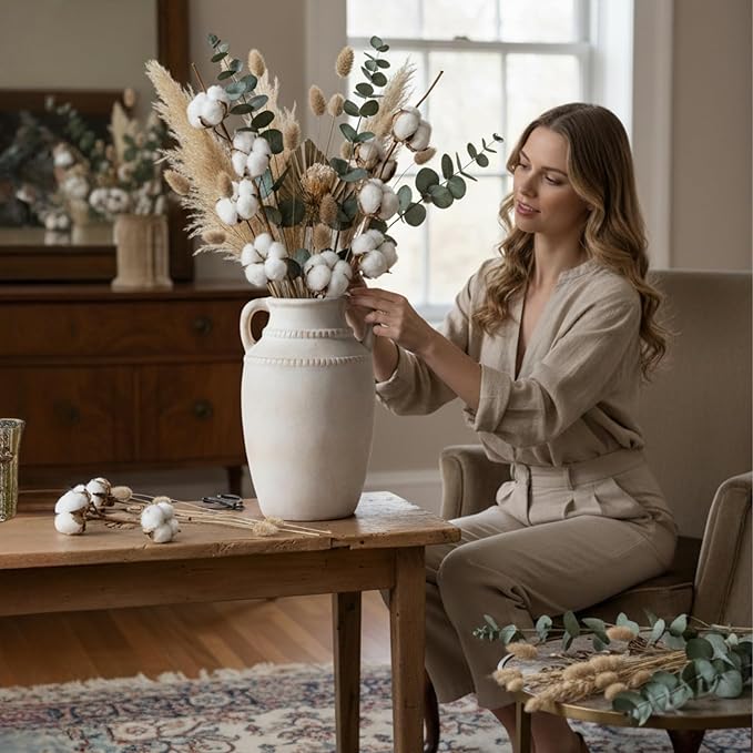 Beige Ceramic Vase with Handles, 10.5 Inch Boho Modern Aesthetic Textured Table Vases for Anthropologie Home Decor Centerpieces (Cream Beige White)