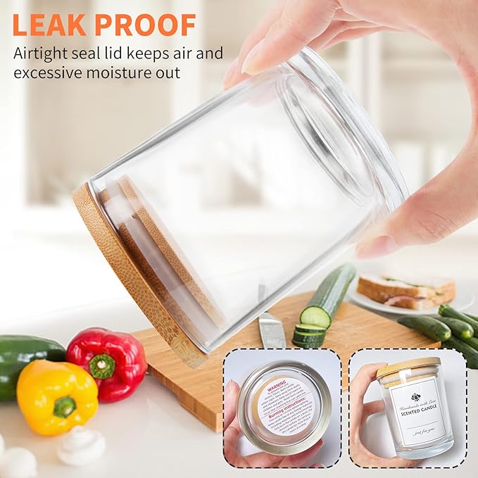 SUPMIND 12 Pack Glass Candle Jars-10oz Clear Empty Candle Jars with Bamboo Lids and Sticky Labels, Bulk Candle Jars for Making Candles Containers - Dishwasher Safe