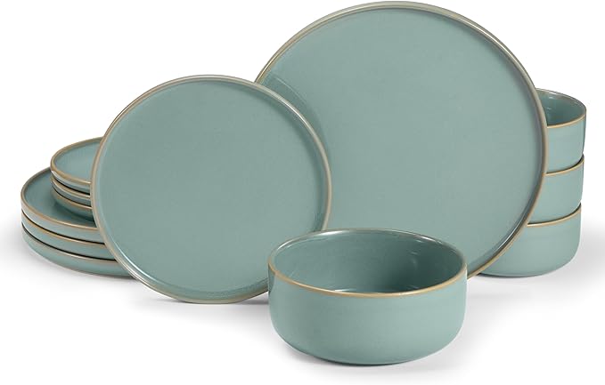 Dinnerware Set, 12 Piece, by Vase and Vessel, Ceramic 10.5”Dinner Plates, 8.2”Salad Plates and 25 oz Soup Bowls, Stoneware, Microwave and Dishwasher Safe, 12 Piece Set, Sage Green, Somerset Collection