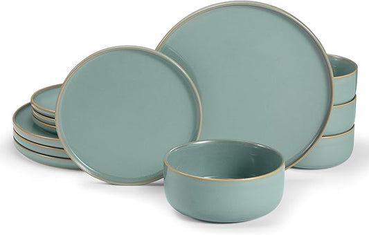 Dinnerware Set, 12 Piece, by Vase and Vessel, Ceramic 10.5”Dinner Plates, 8.2”Salad Plates and 25 oz Soup Bowls, Stoneware, Microwave and Dishwasher Safe, 12 Piece Set, Sage Green, Somerset Collection