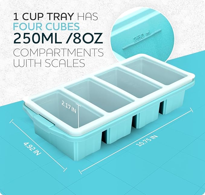 Silicone Freezer Tray With Lid - Soup Freezer Container molds - Large Ice Cube Tray- makes 8 perfect 1 cup portions cubes, 2-Pack Freezer Storage Food Soups & Meal Prep - Oven & Dishwasher -Safe