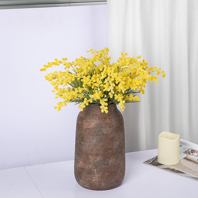 Briful Tall Rustic Ceramic Vase 9.6” – Vintage Distressed Pottery Flower Vase with Antique White-Wash Finish – Farmhouse Table Decor & Shelf Accent (Not Waterproof), Brown