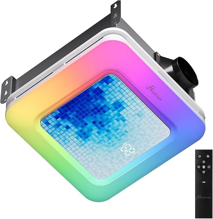 Bathroom Exhaust Fan with Light Humidity Sensor, Bathroom Fan with Odor & Humidity Sensor, 230 CFM 1.0 Sone Venlitation Fan with 3CCT LED Light 7 LED Color, Remote Control Easy Install