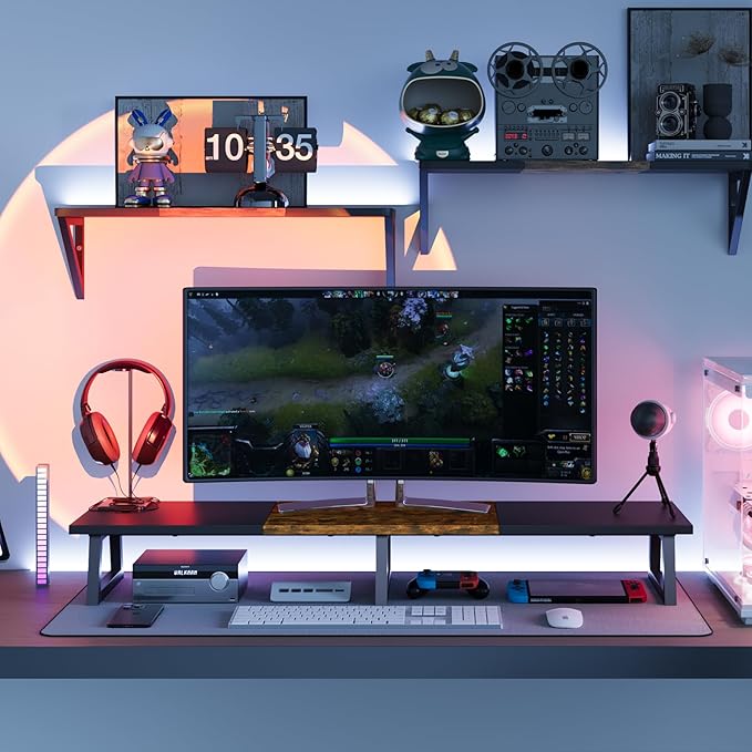 TEAMIX 42 inch Large Dual Monitor Riser, Extra Long Monitor Stand Riser for 2 Monitors, Wood & Steel Desktop Riser Desk Organization Home Office (Black+Brown, 42 inch)