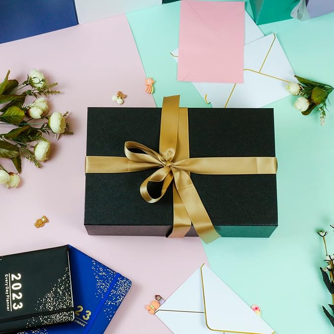 YINUOYOUJIA Large Black Gift Boxes with Lid,14"x9"x4.5" Magnetic Gift Box with Ribbon,Cards and Envelopes for Presents,Great for Wedding,Birthdays,Crafting,Gift Packaging.