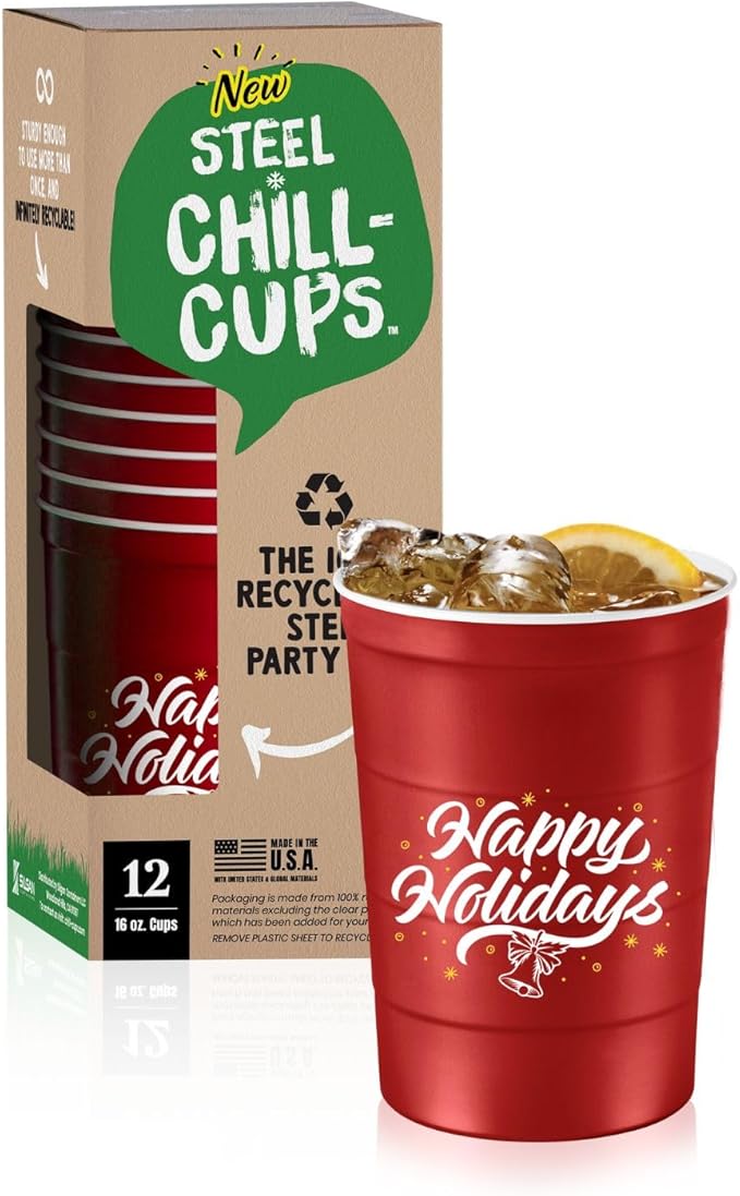 16 oz. Party Cups 'Happy Holidays' Christmas Tree Design for Cold Drinks, Durable, Disposable, Recyclable, Made in USA, Red, 12 Count