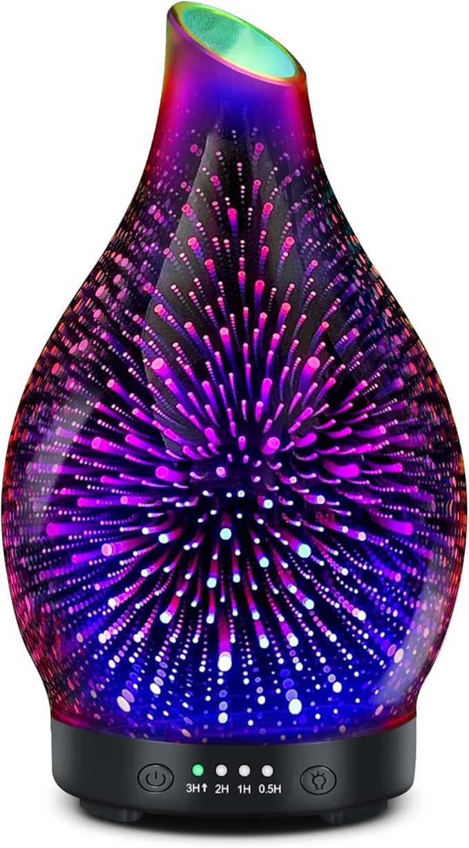 Essential Oil Diffuser 120ML -3D Firework Glass Aromatherapy Diffusers for Essential Oils with 4 Timer Setting Waterless Auto Shut-Off Silent Operation 7 Colors Lights Changing for Room, Office, Yoga