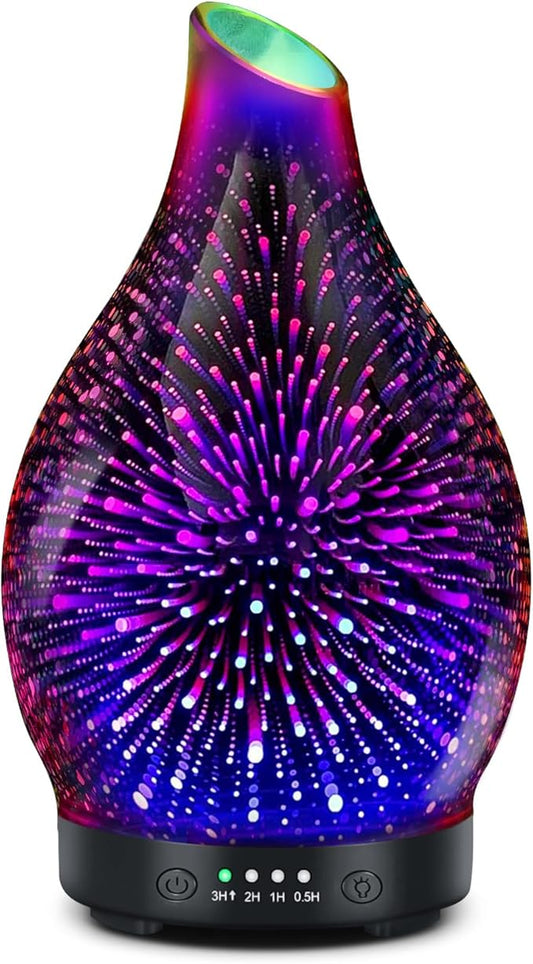 Essential Oil Diffuser 120ML -3D Firework Glass Aromatherapy Diffusers for Essential Oils with 4 Timer Setting Waterless Auto Shut-Off Silent Operation 7 Colors Lights Changing for Room, Office, Yoga