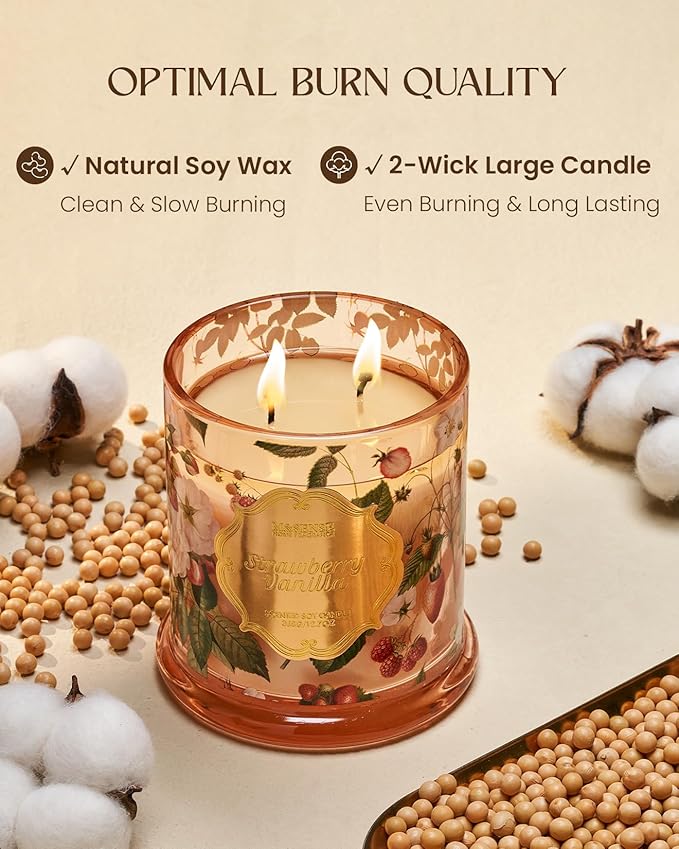 M&SENSE Strawberry Vanilla Scented Candle, Natural Soy Candle 12.7oz 75 Hour Long Lasting Slow Burning, Fall Winter Relaxing Aromatherapy Thanksgiving Christmas Housewarming Gift Gift for Women
