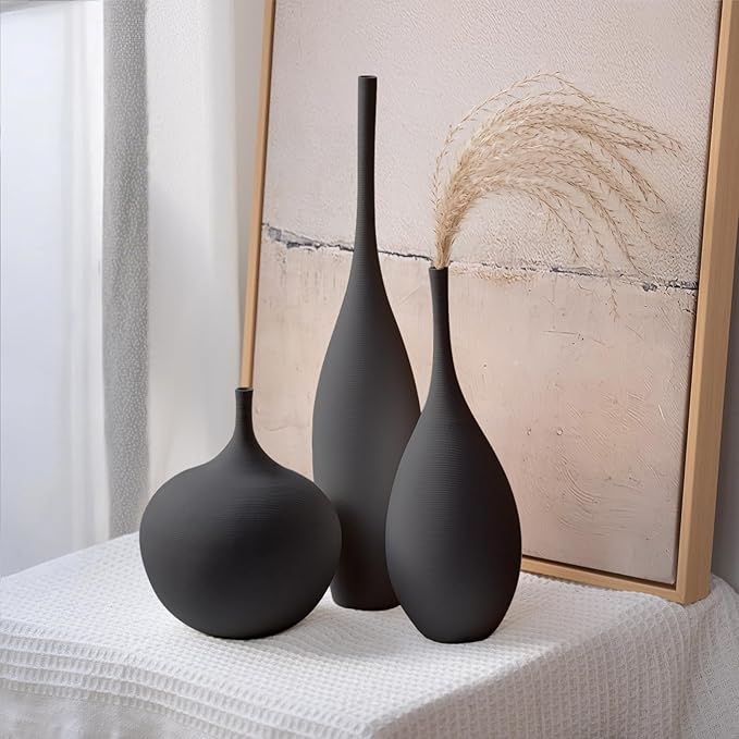 Black Ceramic Vase Modern Boho Wabi-Sabi Flower Vase Set of 3 Decorative Aesthetic Vases for Centerpieces Matte Minimalist Vases for Living Room Table Shelf Home Decor Gift