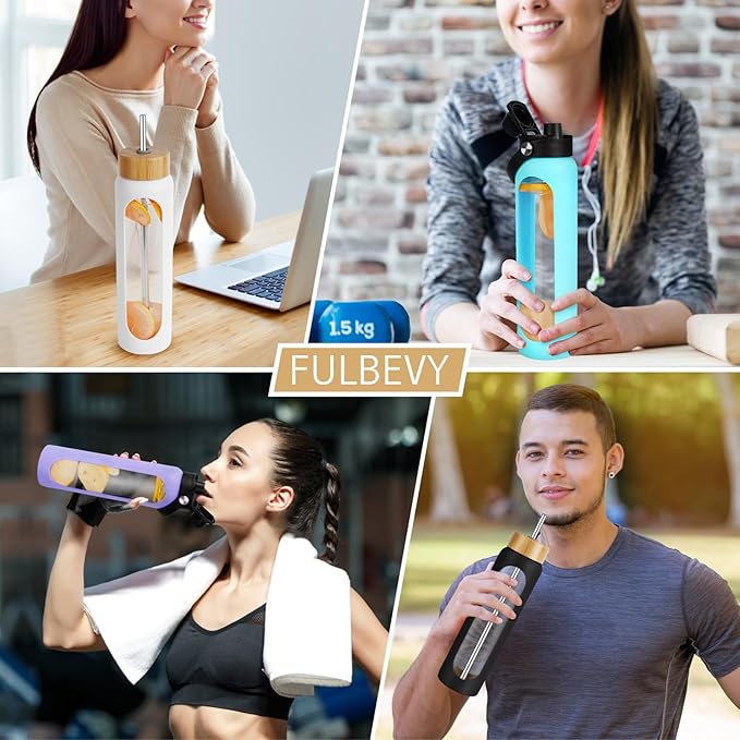 25 oz Glass Water Bottles - Motivational Tumbler Water Bottle Time Marker - Borosilicate Glass Water Bottle With Silicone Sleeve and 2 Lids, Handle Spout & Bamboo Straw Lid (White)