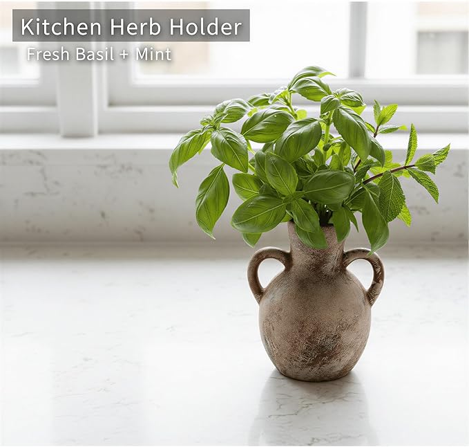 7.1-Inch Terracotta Ceramic Flower Vase with Handles, Rustic Farmhouse Boho Pottery Decor for Table, Living Room & Shelf