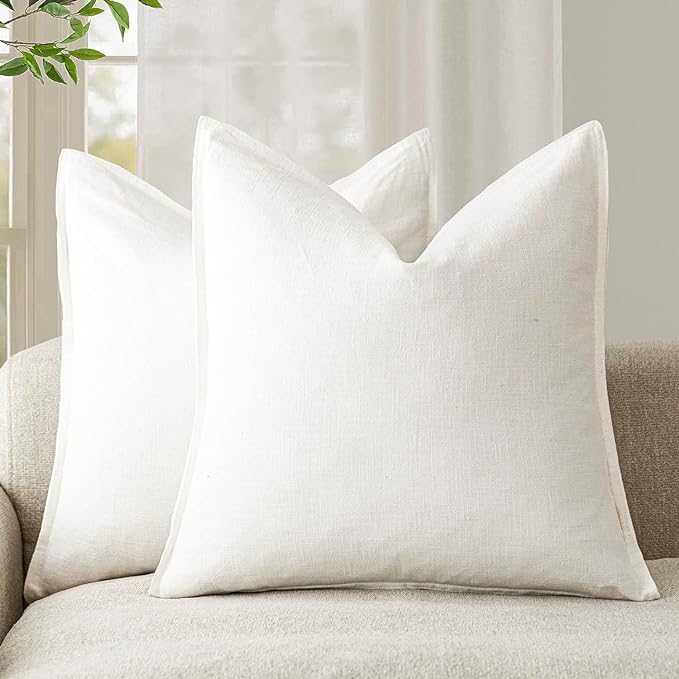 Foindtower Pack of 2, Decorative Linen Soild Throw Pillow Covers Soft Accent Cushion Case Boho Farmhouse Neutral Pillowcase for Chair Couch Sofa Bedroom Living Room Home Decor 20 x 20 Inch Cream White