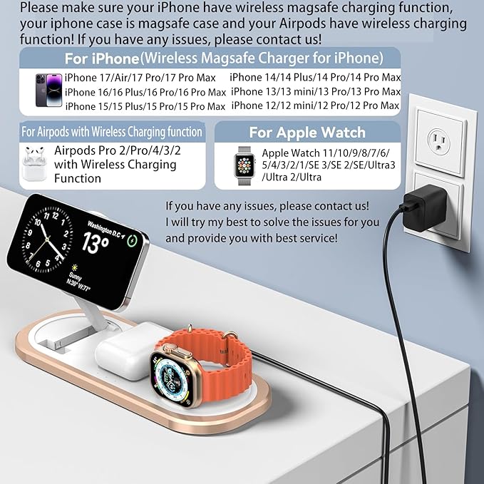 3 in 1 Fast Wireless Charger Stand for iPhone, Foldable Travel Charging Station for Magsafe for iPhone 17/Air/16/15/14/13/12 Series, Apple Watch Series, AirPods pro/2/3/4, Gifts for Women Men (Golden)