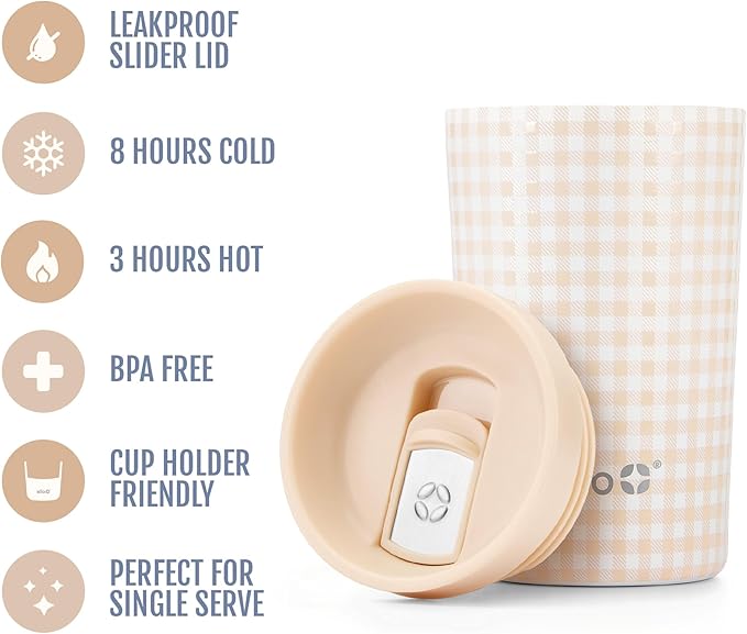 Ello Jones 11oz Insulated Stainless Steel Travel Mug with Leak-Proof Slider Lid, Single Serve Small Coffee Tumbler, Keeps Drinks Hot 3 Hours Cold 8 Hours, BPA-Free, Beige Gingham