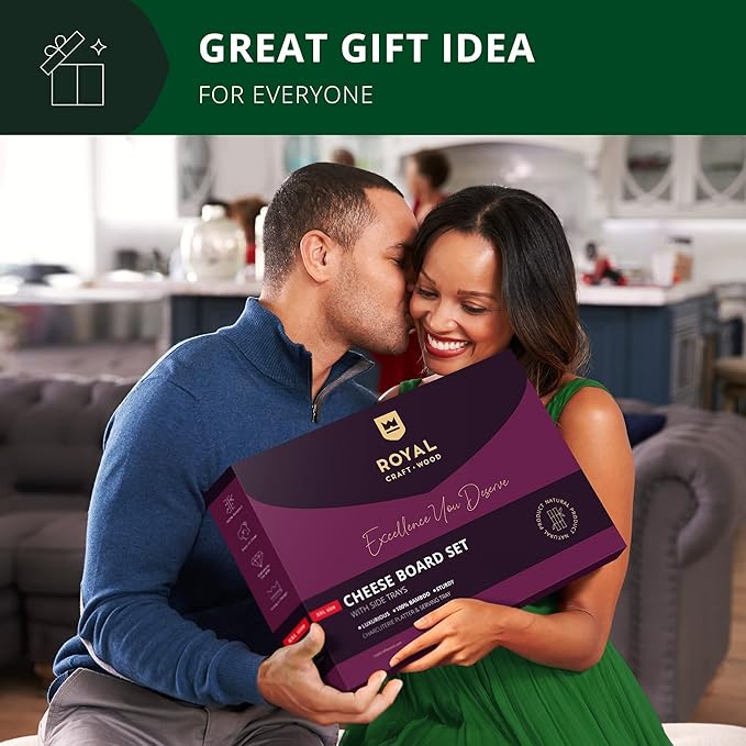 ROYAL CRAFT WOOD Bamboo Cheese Board and Knife Set with Charcuterie Board & Serving Tray with Appetizer Plates & Side Trays (17.5 x 13)