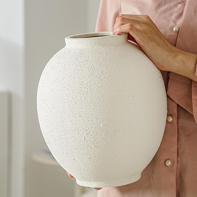 Large White Ceramic Vase, 9.8 inch Round Minimalist Textured Vase, Rustic Farmhouse Decor for Home, Living Room, Shelf, Table, Wedding & Entryway Decoration (Sandstone White)