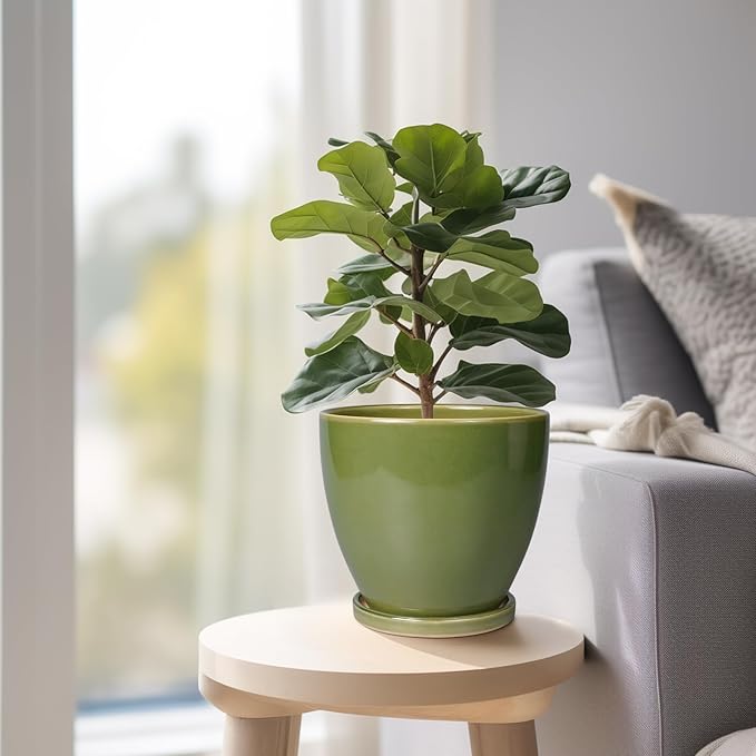 Ceramic Planters for Indoor Plants - 6.8 Inch Plant Pot with Drainage Hole and Saucer Round Modern Flower Pot Home Garden Patio Decor Green