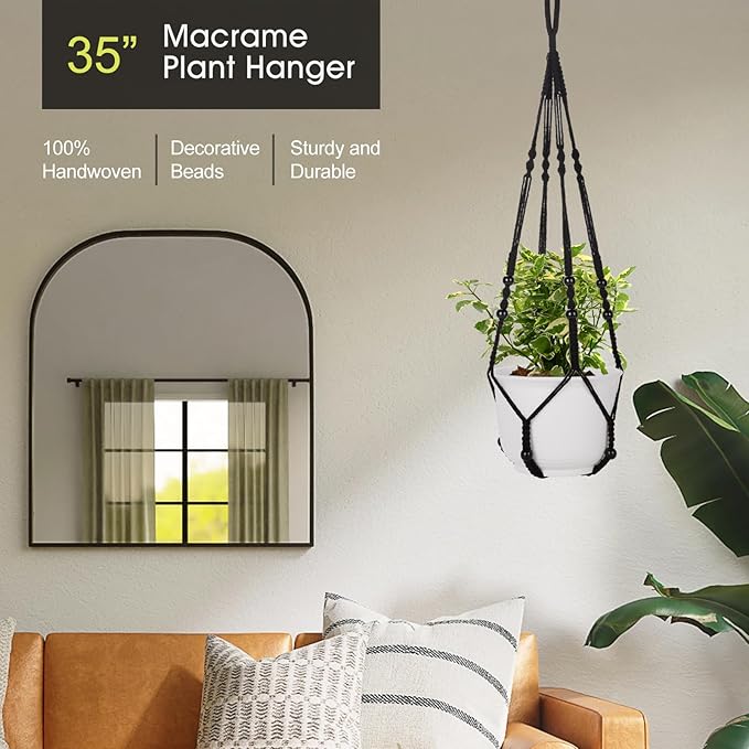 RIFNY Macrame Plant Hanger for 5 to 10 Inch Plant Pots, 35 Inch Indoor Handmade Woven Rope Hanger Kits with Hooks and Wood Beads, Hanging Planter Basket Holder for Boho Home Decor (Black, 3 Pack)