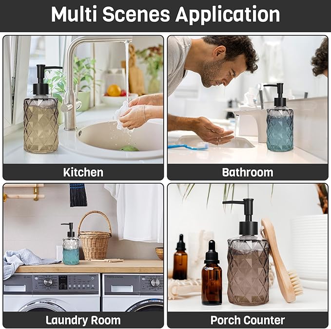 Glass Soap Dispenser with Plastic Pump, 2 Pack 12oz Gradient Diamond Design Black Soap Dispenser for Dishwashing Liquid, Lotion Shower Gel
