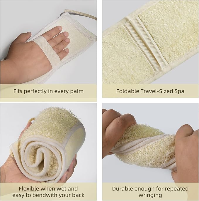 Natural Loofah Back Scrubber, Double-Sided Exfoliating Body Scrubber with Handy Strap for Deep Cleaning, Durable Bath Shower Luffa Sponges for Men and Women (Beige)