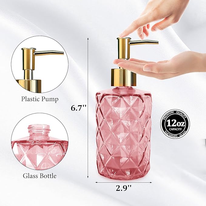 Glass Soap Dispenser with Pump, Soap Dispenser, Lotion Dispenser for Dishwashing Liquid, Lotion Shower Gel (Pink)