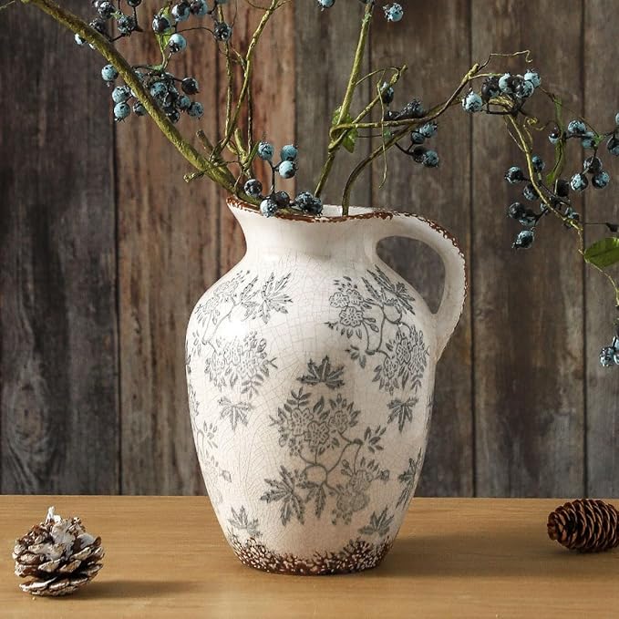 Enra Vintage vase with Handle,Blue and White Ceramic Decorative Flower vase, Chinoiserie Floral Vase,Large Rustic Vases for Home Decors, Living Room, Bookshelf, Office，9.7 inch