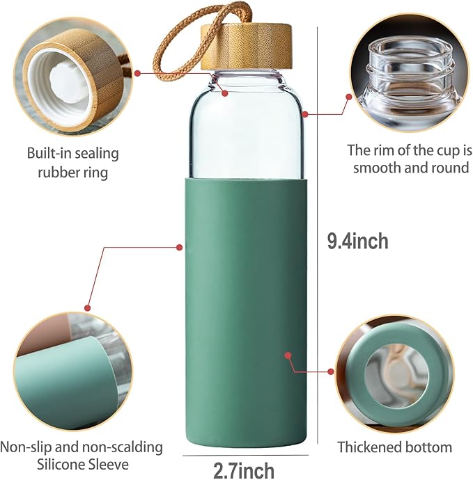 21oz Glass Water Bottle with Silicone Sleeve & Bamboo Lid, BPA Free Reusable Water Bottle Glass for Gym Office Travel, Gift for Fitness Enthusiasts (Black+Green)