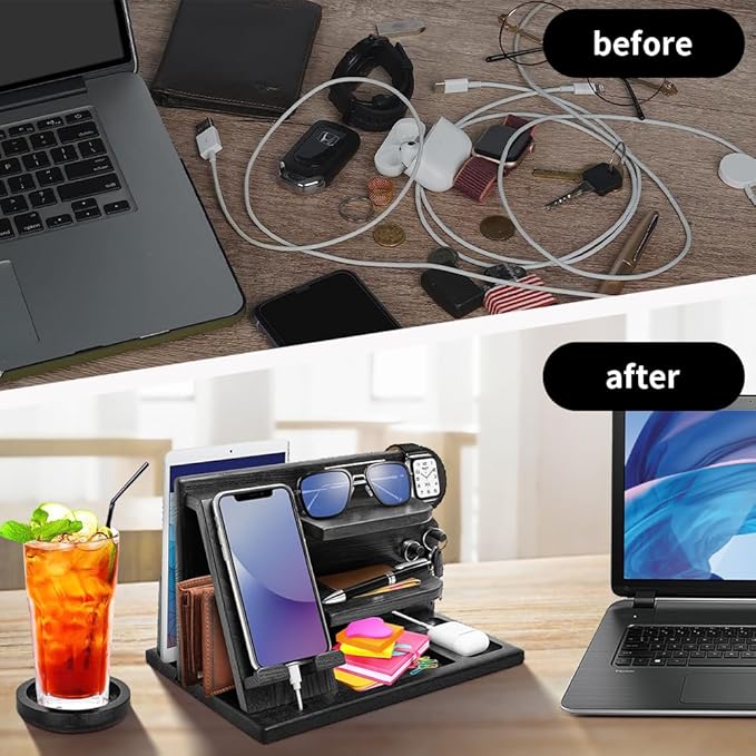 Wood Phone Docking Station - Gifts for Men Desk or Nightstand Organizer - Birthday Gifts for Husband, Fathers Day for Dad - Anniversary Idea from Wife - Key Holder, Stand Wallet, Watch & Essentials