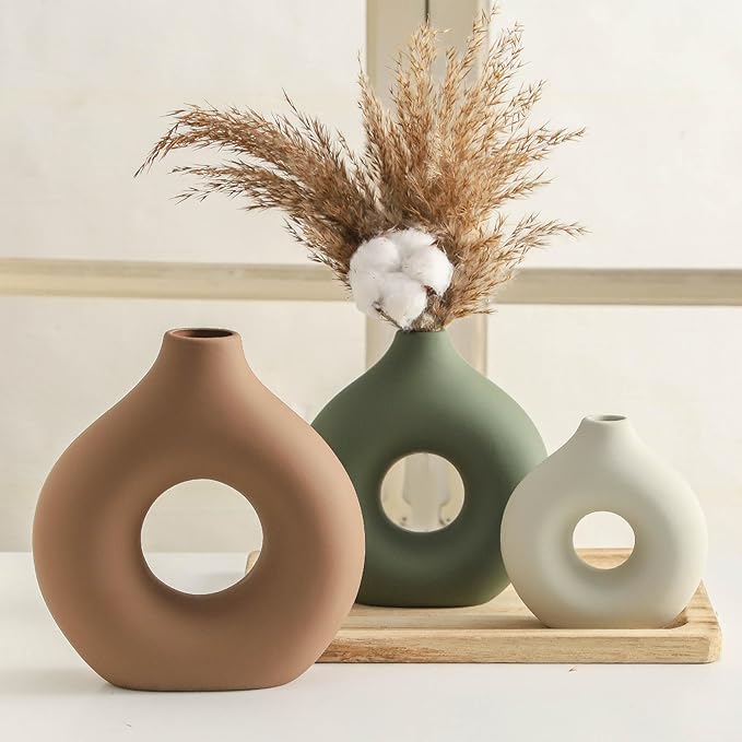 Ceramic Vase Home Table Decor - Flower Vases Set of 3 Small Living Room Centerpiece Decorations for Shelf Bedroom Office Kitchen Dining Desk Modern Aesthetic Farmhouse Decorative (Brown)