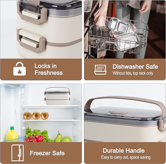 Stainless Steel Bento Box for Adults&Kids,Japanese Leakproof Lunch Box Divided Food Meal Storage Containers Set Stackable 2 Layer for Children School Picnic Beige