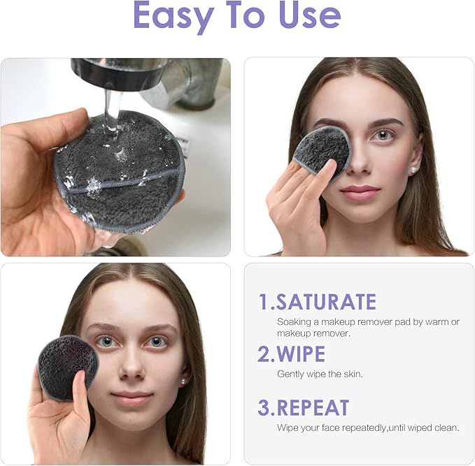 SUNLAND Reusable Makeup Remover Pads for Face,Eye,Lips 32 Pack Microfiber Face Cleansing Gloves Washable with Laundry Bag and Travel Bag Rounds Toner Pads（Round 3.15inchx32,Dark Grey）