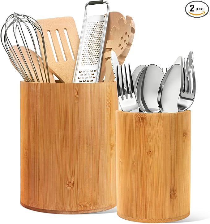 Bamboo Utensil Holder, 7.3"+5.4" Set of 2 Utensil Holders for Kitchen Counter, Bamboo Spoon and Chopstick Organizer, Flatware, Spatula & Silverware Storage Containers, for Countertop & Pantry