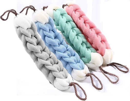 AARainbow 4 Packs Long Stretch Back Sponge with Rope Handles Back Scrubber Body Sponges for Bathing, Bath Shower Mesh Sponge Body Deep Cleaning for Men & Women (Blue+Grey+Green+Pink)