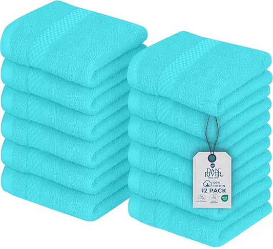 DAN RIVER 12-Pack Premium 100% Cotton Aqua Face Towels – Reusable Face Towel Set, Absorbent & Soft Wash Cloths for Bathroom & Body – Hand and Face Towels, 550 GSM (12x12 in)