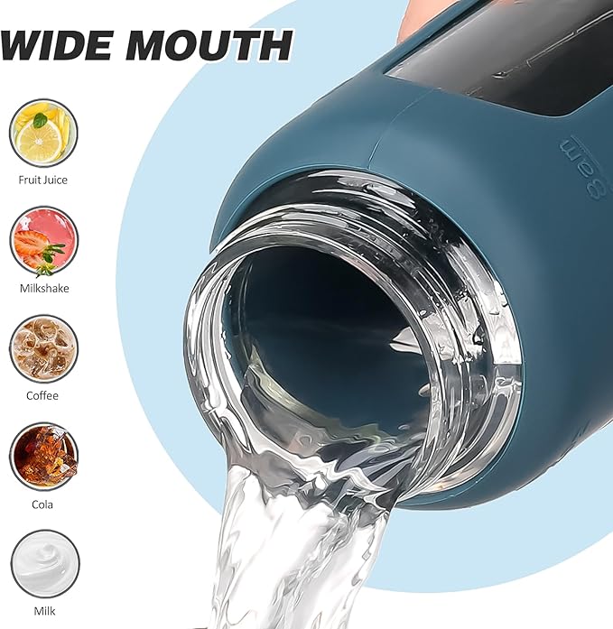 24oz Glass Water Bottle with Straw and 2 Lids-Bamboo and Spout Lid, Borosilicate Glass Water Bottle with Silicone Sleeve and Time Marker,BPA Free & Cupholder Friendly,Dark Blue