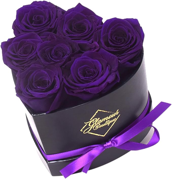 GLAMOUR BOUTIQUE 7 Flower Forever Heart Shape Box - Preserved Roses Gift for Her, Preserved Flowers, Purple